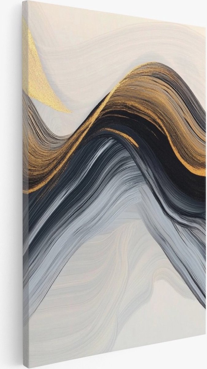 Saammp Canvas Schilderij - Zwart goud golvend - Abstract kunstwerk - 75x100 - Foto op canvas - Wanddecoratie - Muurdecoratie Woonkamer - Slaapkamer decoratie - Canvas Print Multicolor