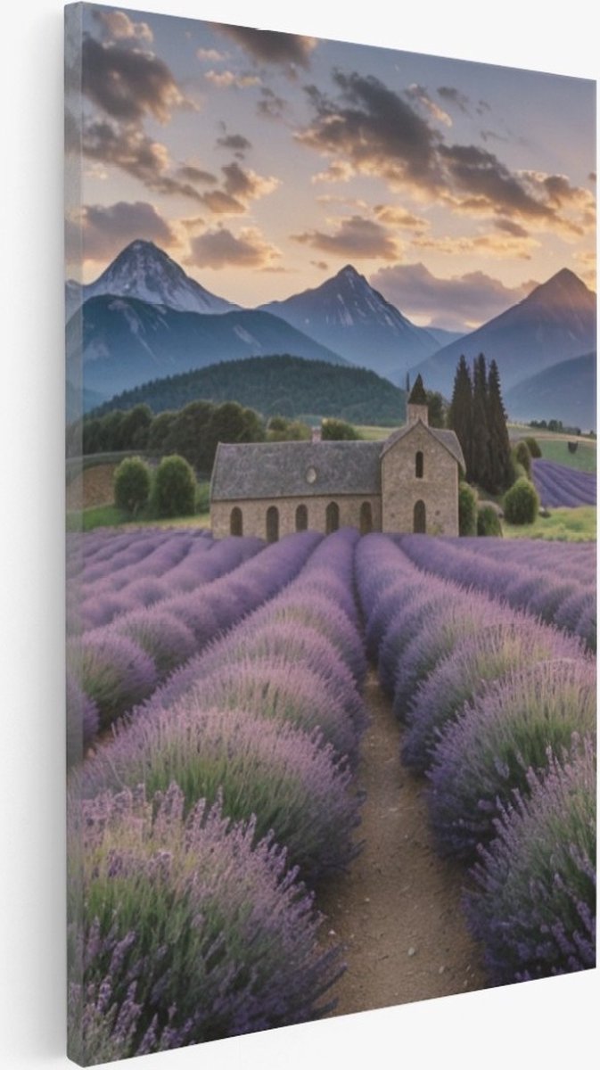 Saammp Canvas Schilderij - Landschap - Lavendel tusen de bergen - Natuur - 75x100 - Foto op canvas - Wanddecoratie - Muurdecoratie Woonkamer - Slaapkamer decoratie - Canvas Print Multicolor