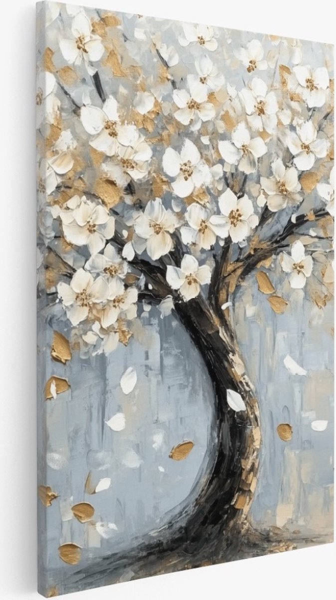 Saammp Canvas Schilderij - Boom met witte bloemen - Abstract - 30x40 - Foto op canvas - Wanddecoratie - Muurdecoratie Woonkamer - Slaapkamer decoratie - Canvas Print Multicolor