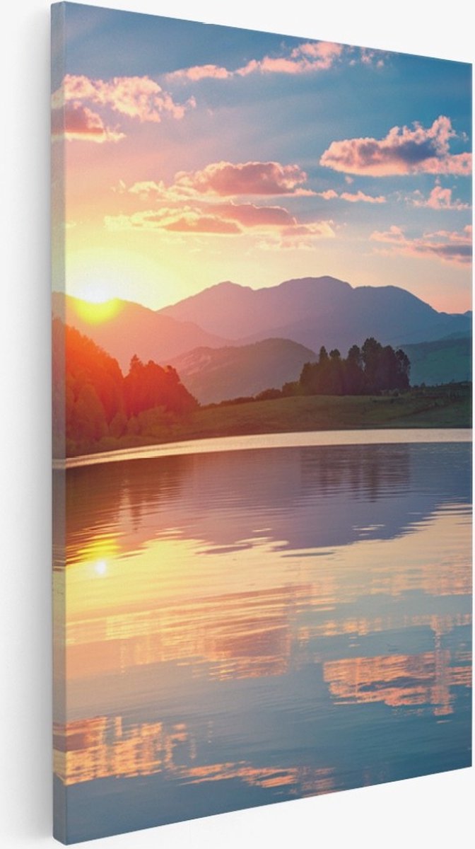 Saammp Canvas Schilderij - Groot meer met zonsondergang - Landschap - Natuur - 30x40 - Foto op canvas - Wanddecoratie - Muurdecoratie Woonkamer - Slaapkamer decoratie - Canvas Print Multicolor