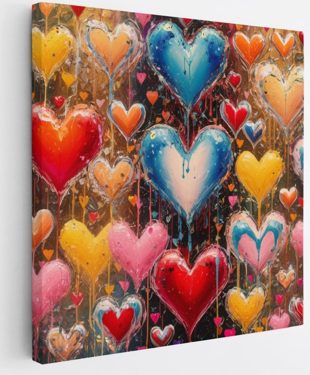 Saammp Canvas Schilderij - Kleurrijke Hartjes - Abstract - 20x20 - Foto op canvas - Wanddecoratie - Muurdecoratie Woonkamer - Slaapkamer decoratie - Canvas Print Multicolor