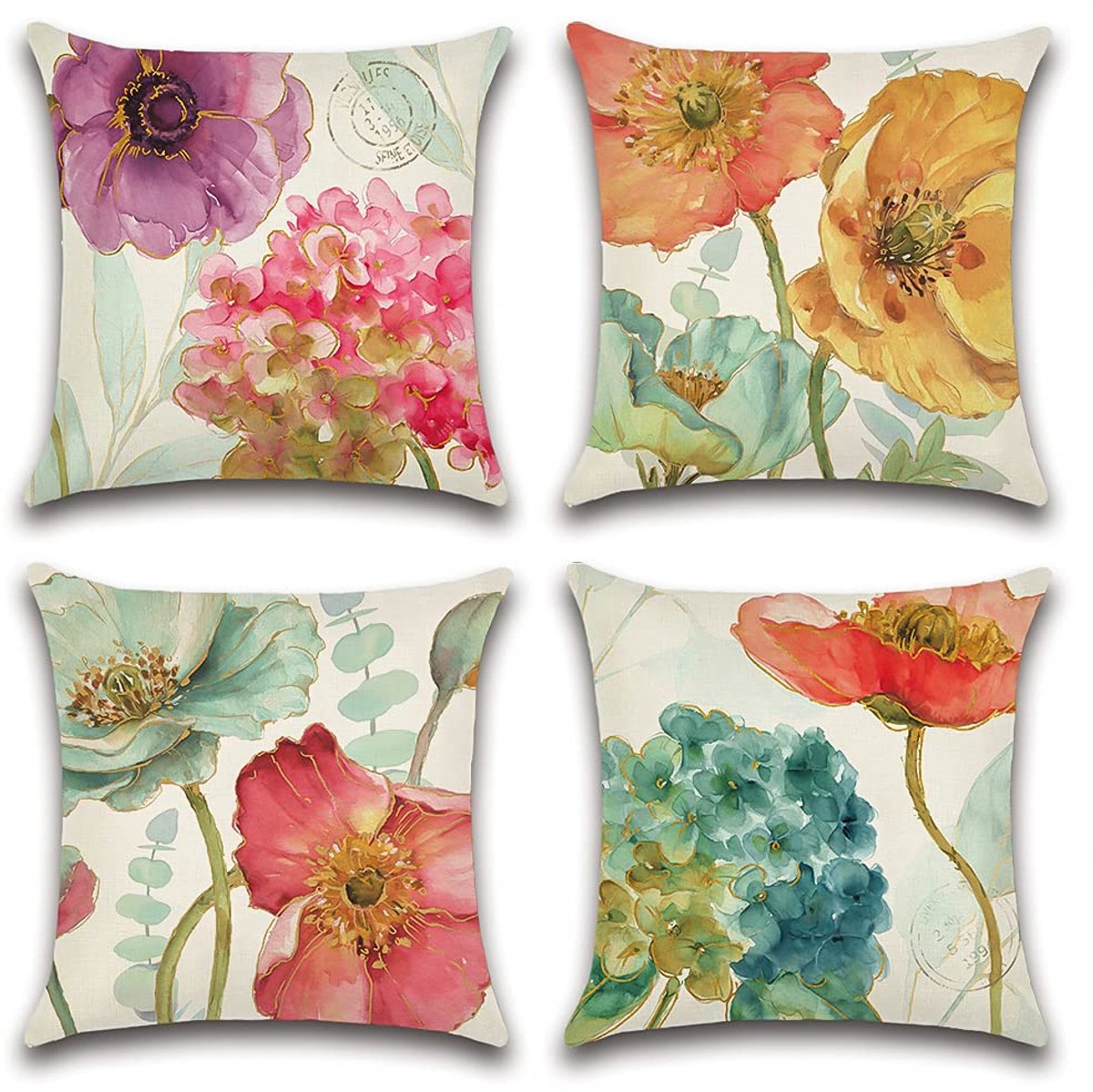 My Ninki ® Set van 4 Waterafstotende Kussenhoezen voor Buiten en Tuindecoratie, 45 x 45 cm, Verschillende Motieven Hortensia geen lotus