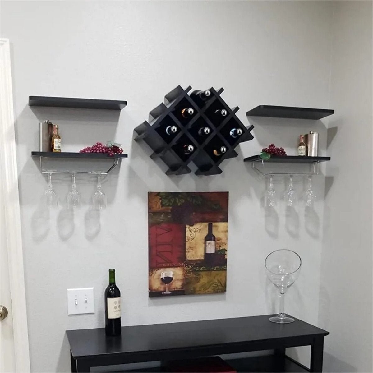 Wijnrek - Wand gemonteerd Wijnrek - Set van 5 - Wijnfles Plank Set Met Glazen Houder - Muur wijnrek — cadeau in Wonen & Interieur - foto 2