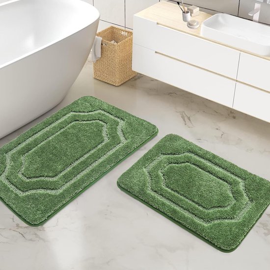 miqna Set van 2 botanische badmatten, antislip, wasbare badkamermat, groen (cirkel grijs, 60 x 100 cm - 50 x 60 cm