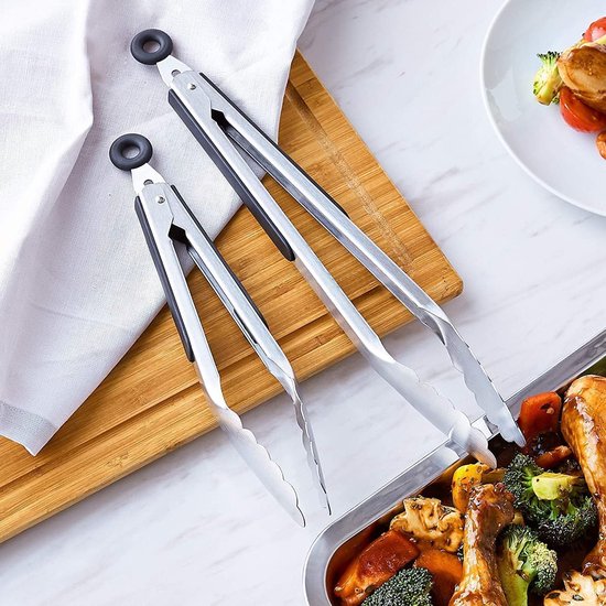 Hittebestendige Siliconen Keukentang: U-Taste 22,86 cm kooktang met stevige verzegelde anti-aanbaklaag rubberen tips & siliconen gecoate stalen handgreep & soepele vergrendeling (Zwart