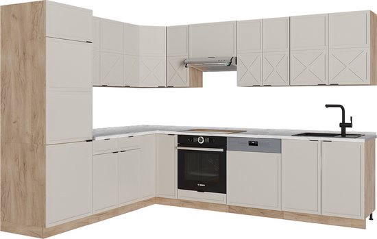 Vicco Fame-Line Cuisine d'angle – 287 x 46 cm sans plan de travail Gris/beige/chêne doré
