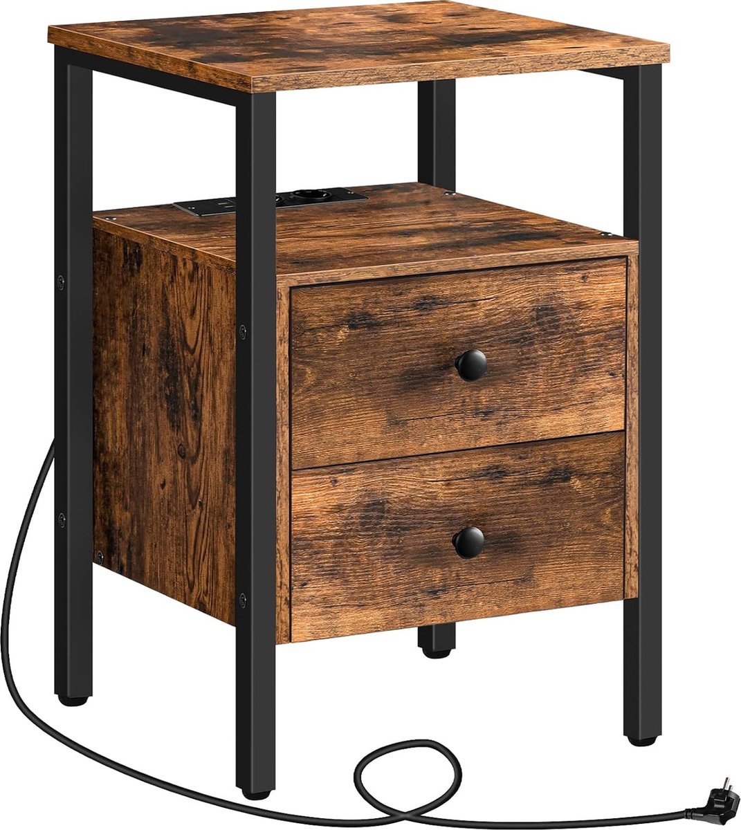 Trankielo Multifunctionele Salontafel met Ingebouwde USB-Poorten en Stopcontacten – Vintage Bijzettafel met Laden en Plank - Geschikt voor Kleine Ruimtes Zwart
