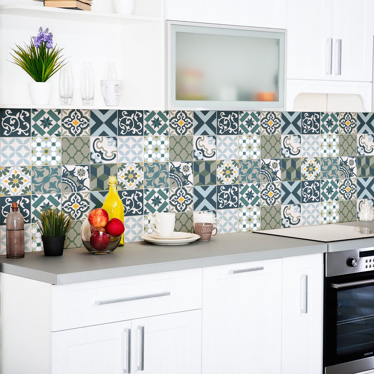 Ambiance Sticker Zelfklevende tegelmuurstickers voor keuken en badkamer - 24 cementtegelstickers, Azulejos-stijl, Rony - 24 stickers, 10x10 cm Multi color