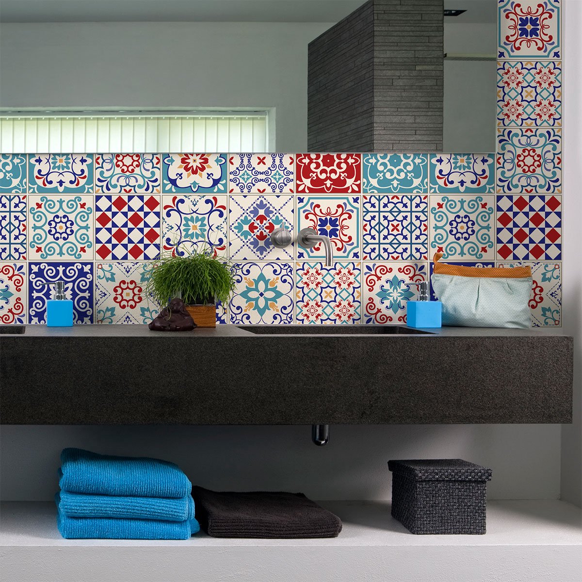 Ambiance Sticker Zelfklevende tegelmuurstickers voor keuken en badkamer - 30 Leotina Azulejos cementtegelstickers - 30 stickers 10x10cm Multi color