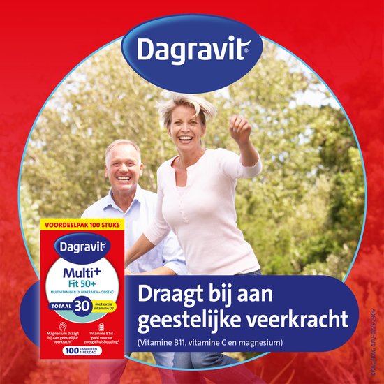 Verpakking van Dagravit Multi+ Fit 50+ met een gelukkig lachend ouder stel buiten.