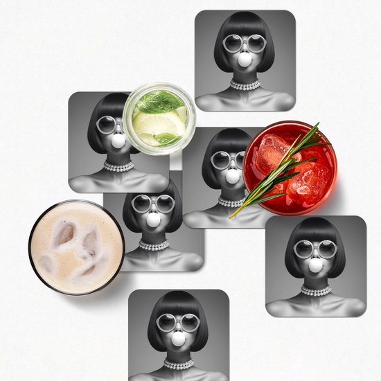 Dessous de verre Femme - Noir et blanc - Collier - Lunettes de soleil - 10x10 cm - 6 morceaux - Sous pour Verres et Tasses