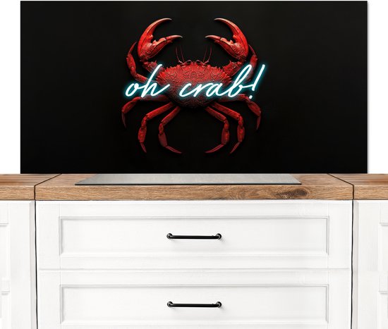 Crédence de Cuisinière en Aluminium 120x60 cm - Crabe - Rouge - Néon - Citation - Écran Pare-éclaboussures pour Plaque de Cuisson - Protection Murale