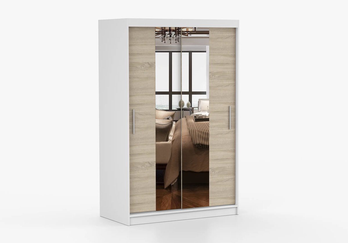 Schuifdeurkast NOAH 01 – 2-deurs kledingkast met spiegel, legplanken en kledingroede – modern design – 120x200x61 cm - NOAH 01 (Wit + Sonoma)