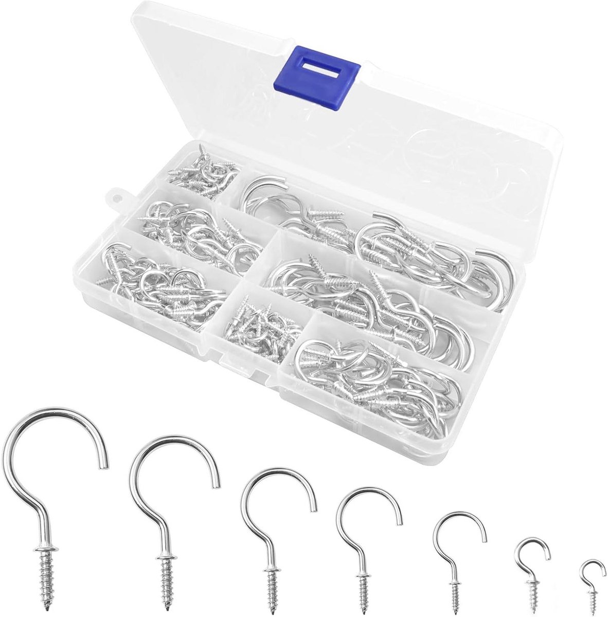 162Pcs Ceiling Hooks Cup Hook Screws with Wood Thread Metal Hooks for Screw Twist-in Set - 7 Sizes/Silver