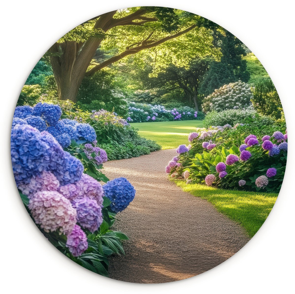 WallCircle Wandcirkel 140x140 cm - Muurcirkel Hortensia- Park - Pad - Muurdecoratie woonkamer - Wanddecoratie slaapkamer - Kamer decoratie accessoires - Ronde schilderijen Hortensia - Tuin