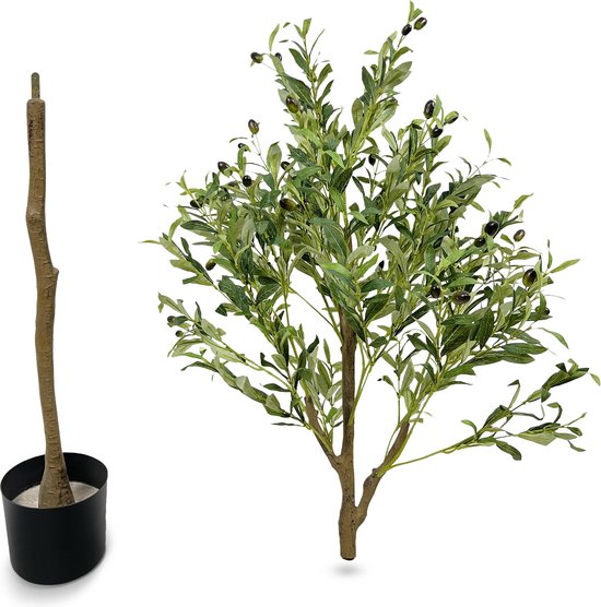 Een kunstmatige olijfboom met groene bladeren en zwarte olijven, los van de stam in een pot.