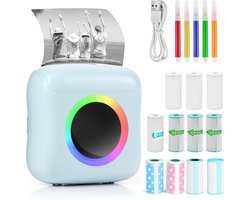 Mini Printer – Inclusief Thermisch/Zelfklevend/Etiket-Papier, USB-kabel, Aquarelpen, Transparant Sticke – Foto Printer Draadloos – Mobiele Fotoprinter - Blauw
