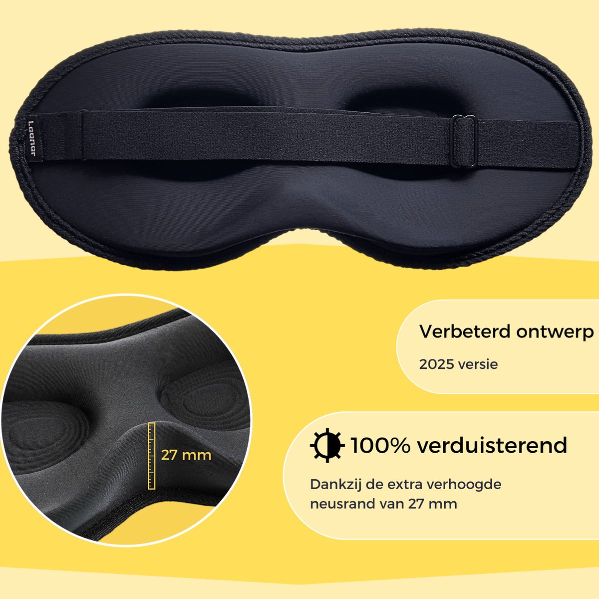 LAANAR® Slaapmasker Luxe 100% Verduisterend 3D Slaapmasker Vrouwen en Mannen - Ergonomisch en Verstelbaar Oogmasker Slaap - Premium Materialen Slaapmasker voor Zijslapers - Zwart — afbeelding 2