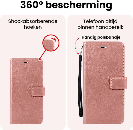 Hoesje - Met 2x Screenprotector - Geschikt voor Apple iPhone 16e / 17e - Luxe Pasjeshouder - Bookcase Portemonee - Flip Case - Kunstleer Book Case - Flipcase Hoes - Book Cover - Walletcase - Portemonneehoes - Rosé goud