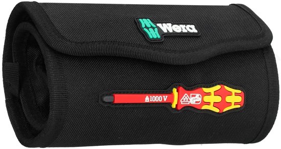 Een opgerolde zwarte stoffen tas met een Wera-logo en een afbeelding van een rode en gele schroevendraaier erop.