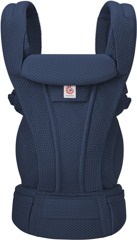 Donkerblauwe Ergobaby draagzak met gestructureerd mesh en verstelbare banden. Ventilerend materiaal voor comfort.