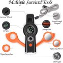 Zwarte survival fluit met kompas, vergrootglas, spiegel en LED-licht. Inclusief grijze draagband.