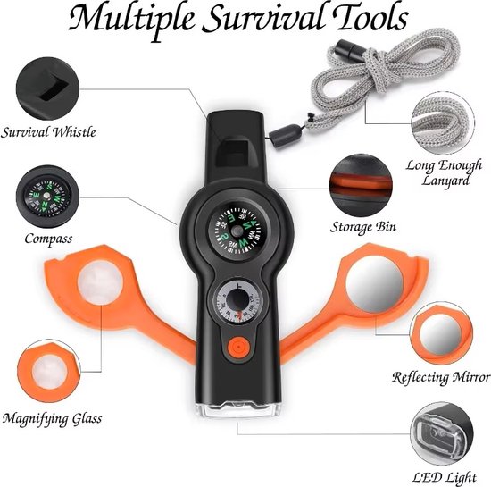 Zwarte survival fluit met kompas, vergrootglas, spiegel en LED-licht. Inclusief grijze draagband.