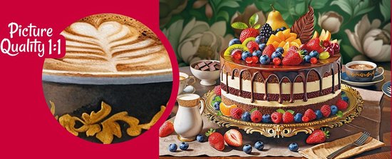 Twee afbeeldingen van een fruitige chocoladetaart, één met tekst 'Picture Quality 1:1'.