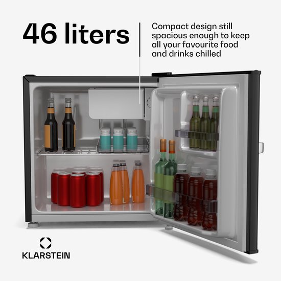Klarstein Mini-Koelkast Irene 46L retro - Stil 37 dB, Verstelbare Thermostaat, Energiezuinig, Kleine Koelkast voor Slaapkamer en Kantoor, Zwart - voor Studentenkamer - Compact - Mini Fridge - Hotelkoelkast - Compact Koelkast van Klarstein — afbeelding 4