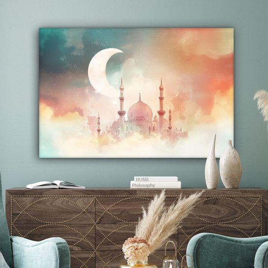 Peinture sur toile 120x80 cm - Décoration murale Mosquée - Nuages ​​colorés - Arabe - Ramadan - Islamique - Décoration murale salon - Décoration chambre - Accessoires chambre - Peintures sur toile