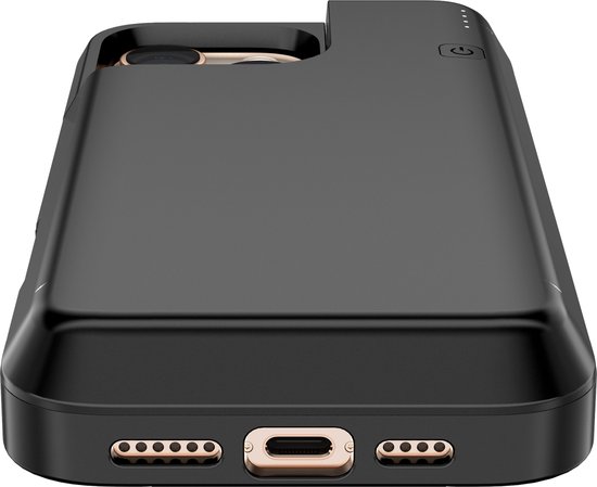 Onderkant van zwarte Distinction powerbank hoes voor iPhone 16 Pro Max, met poorten en speakergaten.