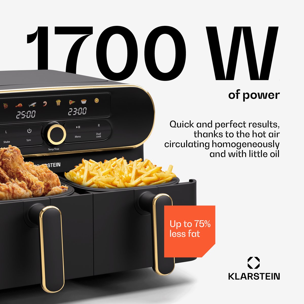 Afbeelding 3 van AuraAir Color Touch heteluchtfriteuse | 2 compartimenten | 11 L | 1700 W | 80 - 200 °C | 8 programma's