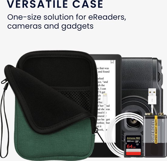 kwmobile canvas e-reader hoesje compatibel met 6" eReader hoes - E reader beschermhoes met rits - Stoffen ereader case in donkergroen van kwmobile — afbeelding 4