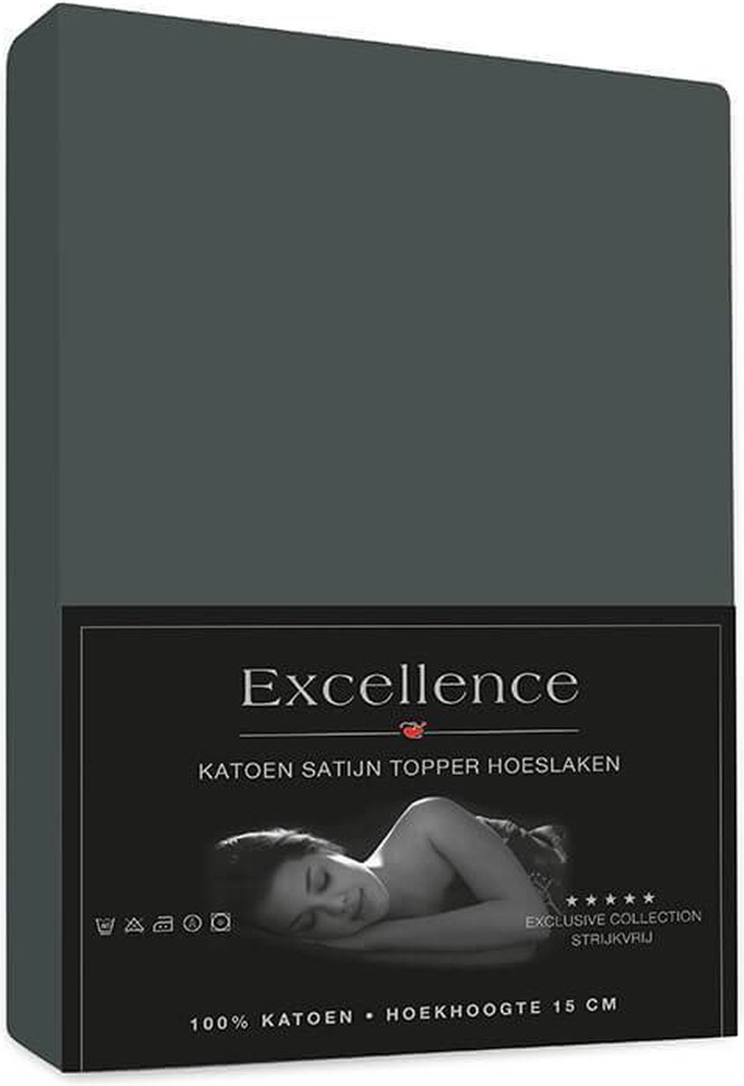 Excellence Katoen Satijn Topper Hoeslaken 160x200cm + 15cm - Antraciet