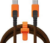 Xtreme USB-C naar USB-C kabel in oranje en zwart met klittenbandbevestiging met '#TRAVEL' tekst.