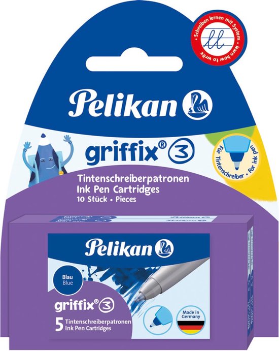 Cartouches d'encre Pelikan Griffix 10 bleues, avec personnage de dessin animé.