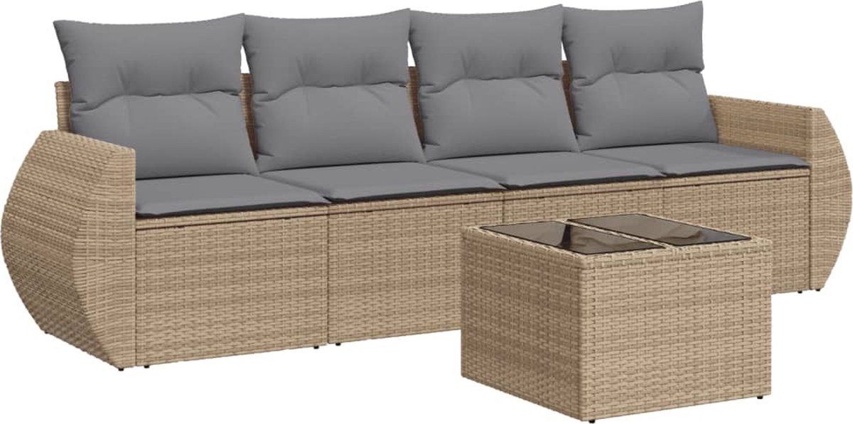 The Living Store 5-delige Loungeset in beige poly rattan met kussens.