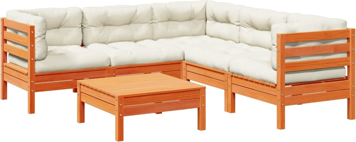 Grenenhout loungeset in wasbruine kleur met kussens - The Living Store.