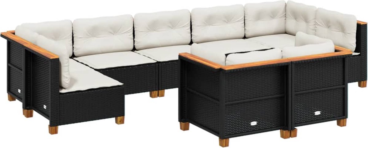 The Living Store 9-delige Loungeset met kussens poly rattan zwart - Loungebank - Tuinset - Lounge Set - Buitendecoratie - Garden Furniture