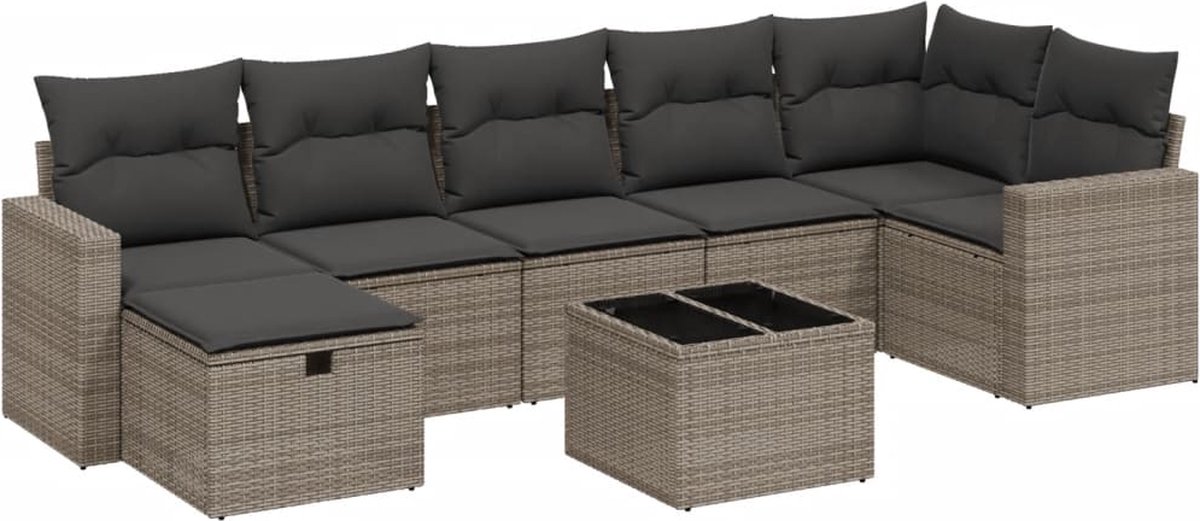 The Living Store 8-delige Loungeset met kussens poly rattan grijs - Loungeset - Tuinlounge - Buitentijnen - Lounge Set - Tuinmeubels