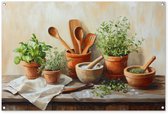 Tuinposter 120x80 cm - Tuindecoratie Potten - Kruiden - Hout - Poster voor in de tuin - Buiten decoratie - Schutting tuinschilderij - Tuindoek muurdecoratie - Wanddecoratie balkondoek