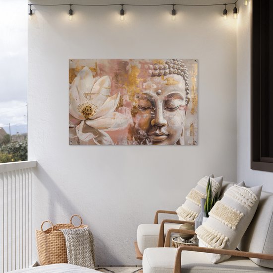 Affiche de jardin 120x80 cm - Décoration de jardin Bouddha - Bloem - Or - Rose - Abstrait - Affiche pour le jardin - Décoration extérieure - Tableau de jardin clôture - Décoration murale sur toile de jardin - Décoration murale sur toile de balcon