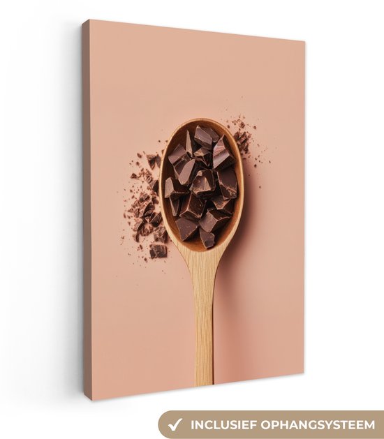 Canvas schilderij 80x120 cm - Exclusieve wanddecoratie Chocola - Hout - Lepel - Muurdecoratie woonkamer - Slaapkamer decoratie - Kamer accessoires - Schilderijen op canvas