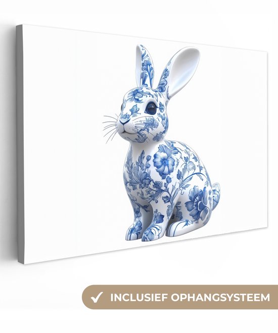 Canvas schilderij 30x20 cm - Exclusieve wanddecoratie Delftsblauw - Haasje - Wit - Muurdecoratie woonkamer - Slaapkamer decoratie - Kamer accessoires - Schilderijen op canvas - Pasen - Paasdecoratie - Paas versiering