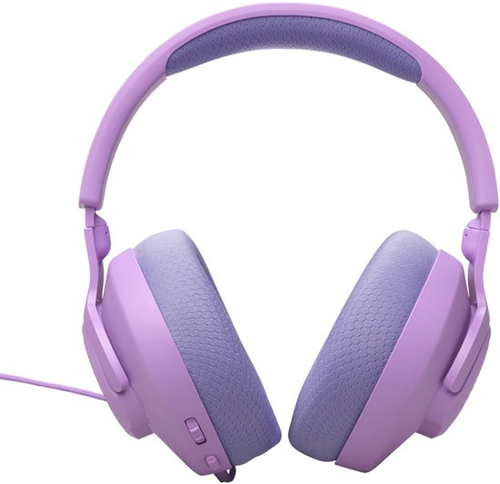 Paarse over-ear gaming headset met stoffen oorkussens en verstelbare hoofdband.