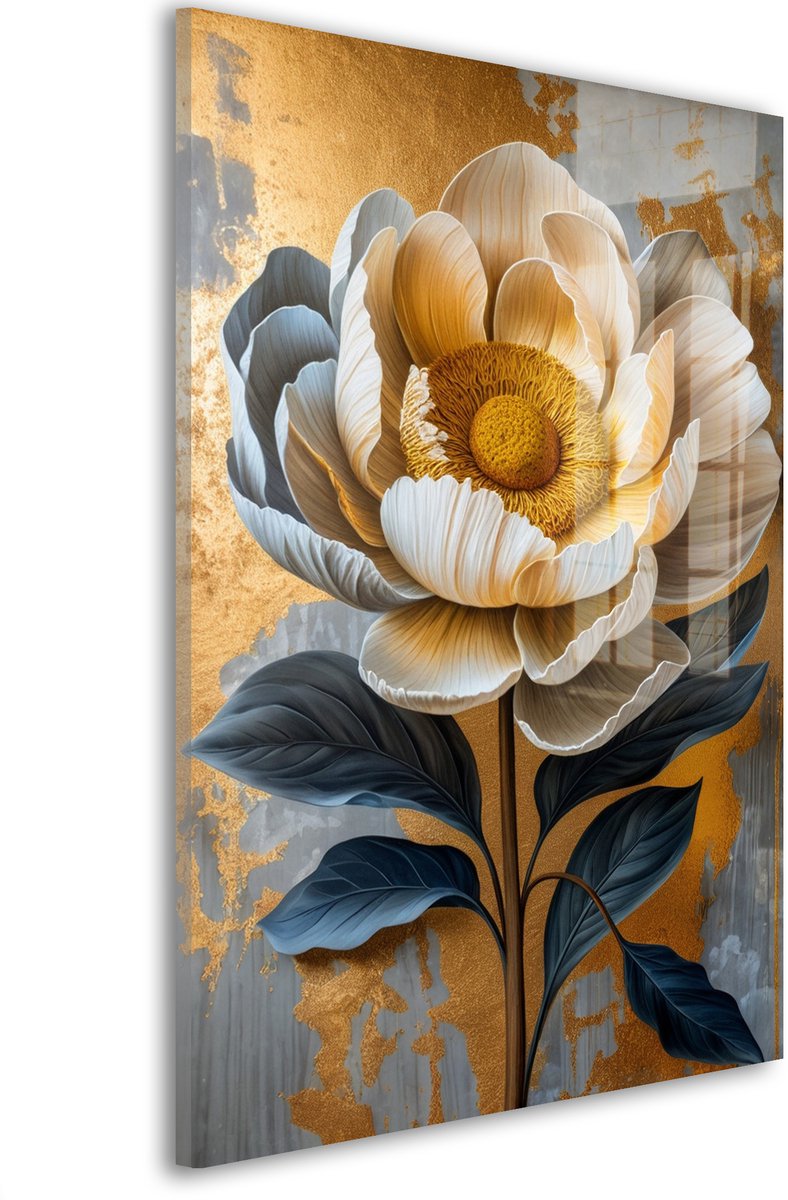 Glasschilderij Gouden bloei pracht - 60 x 40 cm - Bloem - Bloemen en Planten - Acrylaat - Inclusief wandbevestiging - Foto op plexiglas - Wanddecoratie woonkamer – Modern – Modern