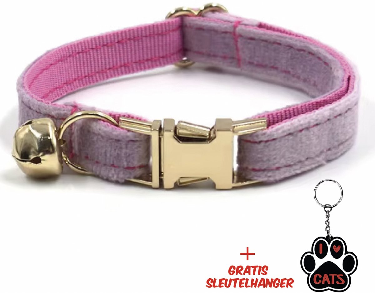 SilverAndCoco® - Roze / Paarse Katten Halsband met Bel met Gratis Sleutelhanger | Velvet Kat Kitten Bandje met belletje | Kattenhalsband Suède Gouden | Kleding Decoratie | Kattenbandje Huisdier - Paars / Goud