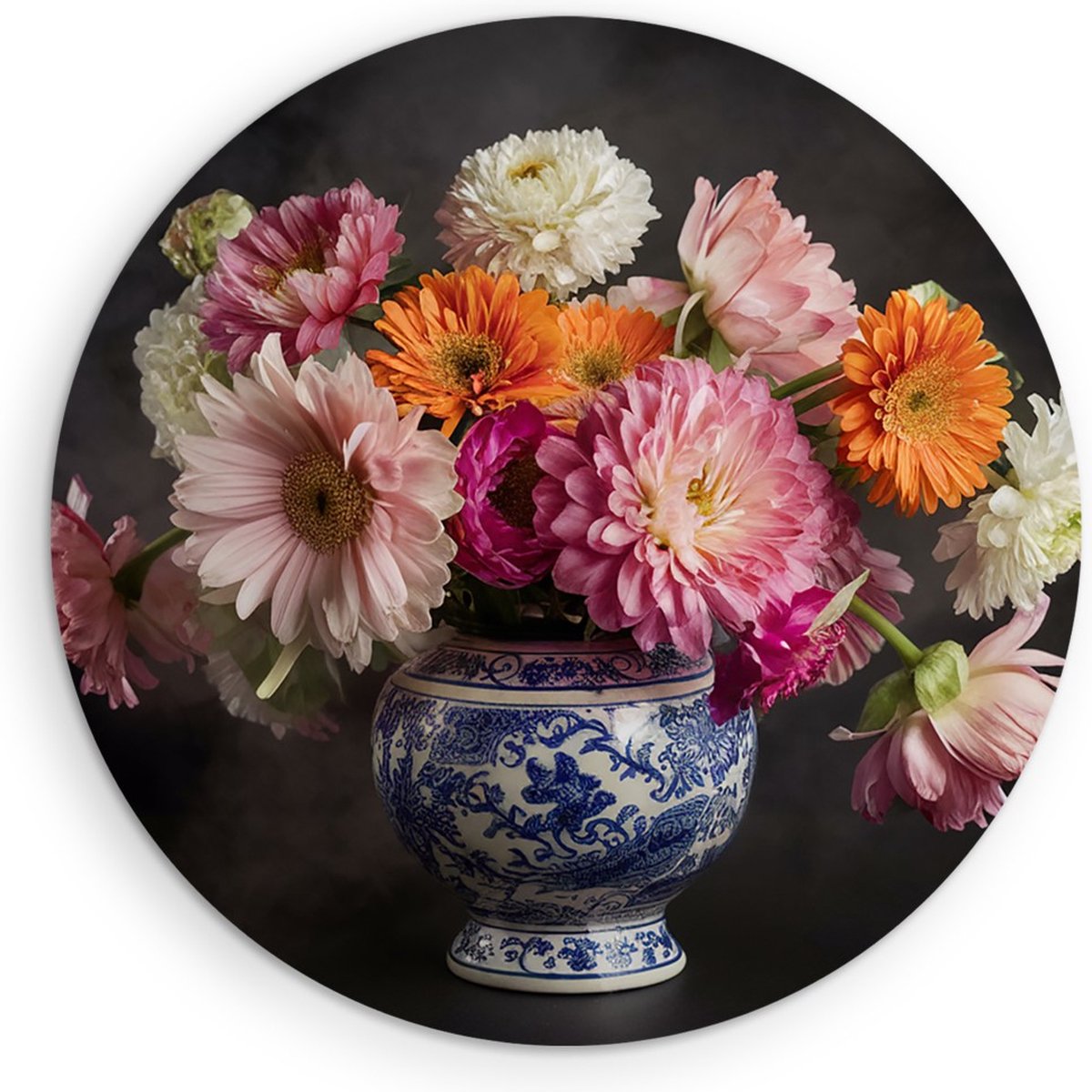 Saammp Muurcirkel Hout - Kleurrijke Bloemen in mooie vaas - Natuur - Ø 80 - Wandcirkel - Wanddecoratie Cirkel - Muurdecoratie Woonkamer - Kantoor Decoratie