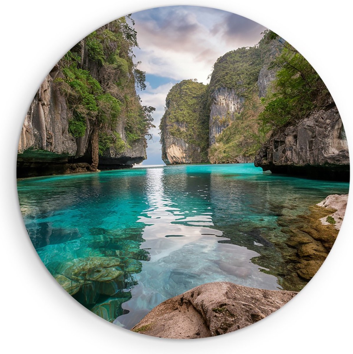Saammp Muurcirkel Hout - Blauw water tussen de rotsen - Landschap - Natuur - Ø 80 - Wandcirkel - Wanddecoratie Cirkel - Muurdecoratie Woonkamer - Slaapkamer decoratie - Rond Schilderij