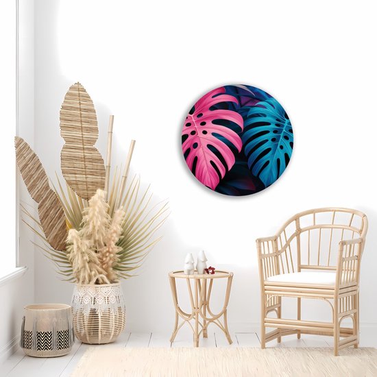 Saammp Muurcirkel Hout - Roze Blauwe Bladeren - Landschap - Natuur - Ø 80 - Wandcirkel - Wanddecoratie Cirkel - Muurdecoratie Woonkamer - Slaapkamer decoratie - Rond Schilderij